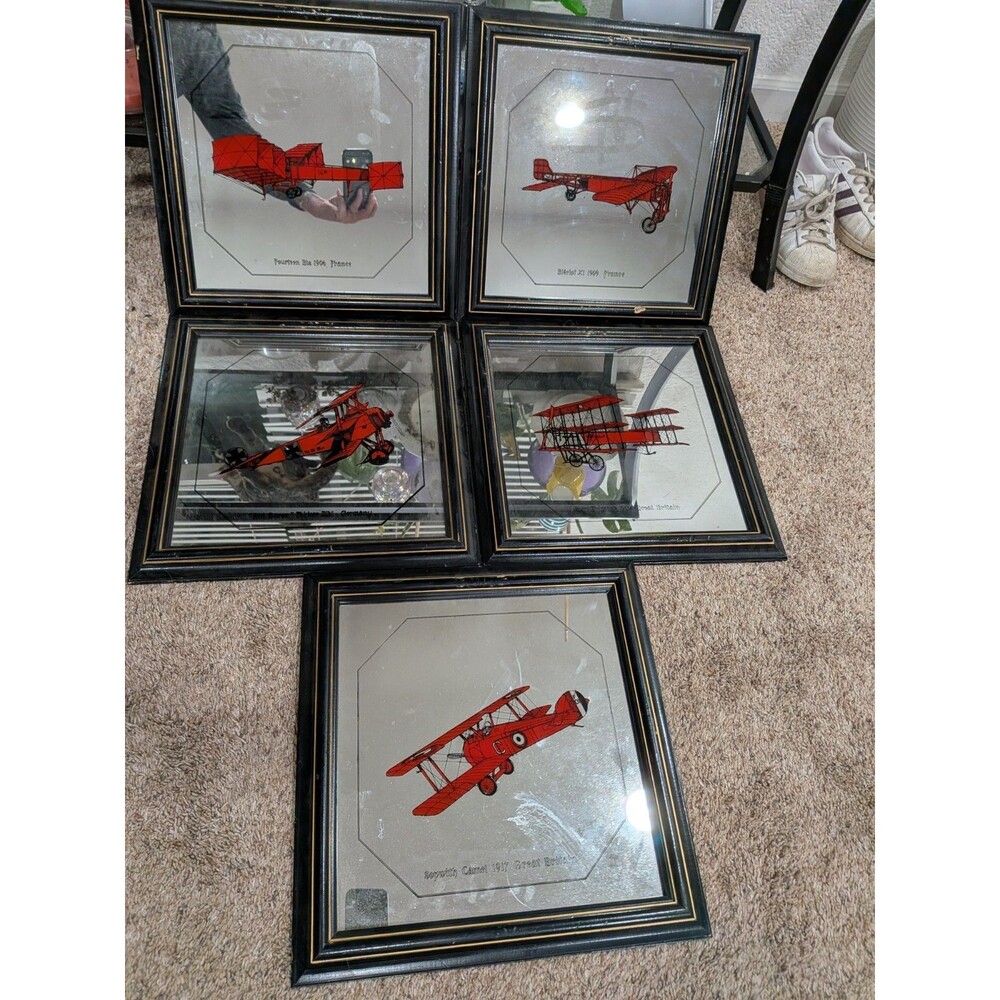 Vintage Hoyne Glass Airplane Mirrors - Set of 5 Framed Retro Aviation Decor